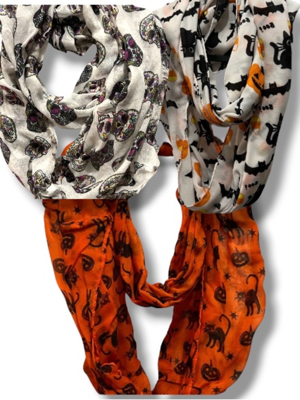 Halloween Women’s Infinity Wrap Cowl Scarves Trio Bundle Sugar Skull Pumpkin Bat